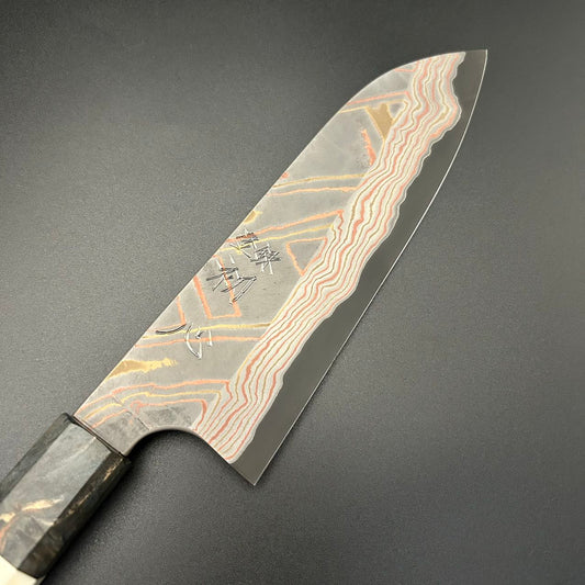 Santoku Blue-2 Blackened Damascus Walnut-Resin 180mm