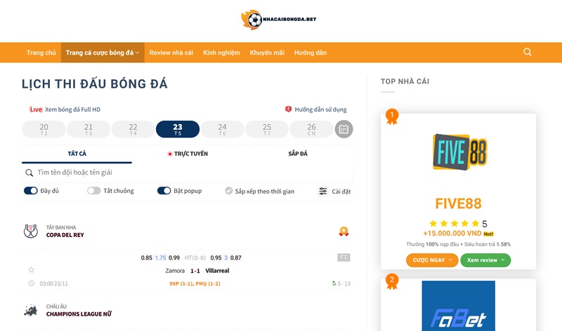 Cập nhật lịch thi đấu bóng đá