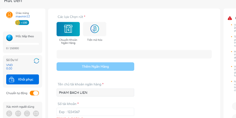 Những lưu ý khi nạp rút tiền tại nhà cái BK8